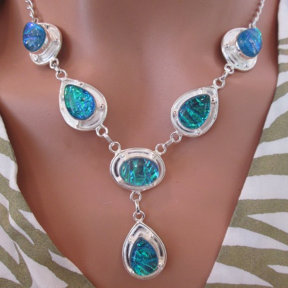 TRIPLE FIRE OPAL NATURAL GEMSTONE LADIES  925 STERLING SILVER NECKLACE - Picture 1 of 8